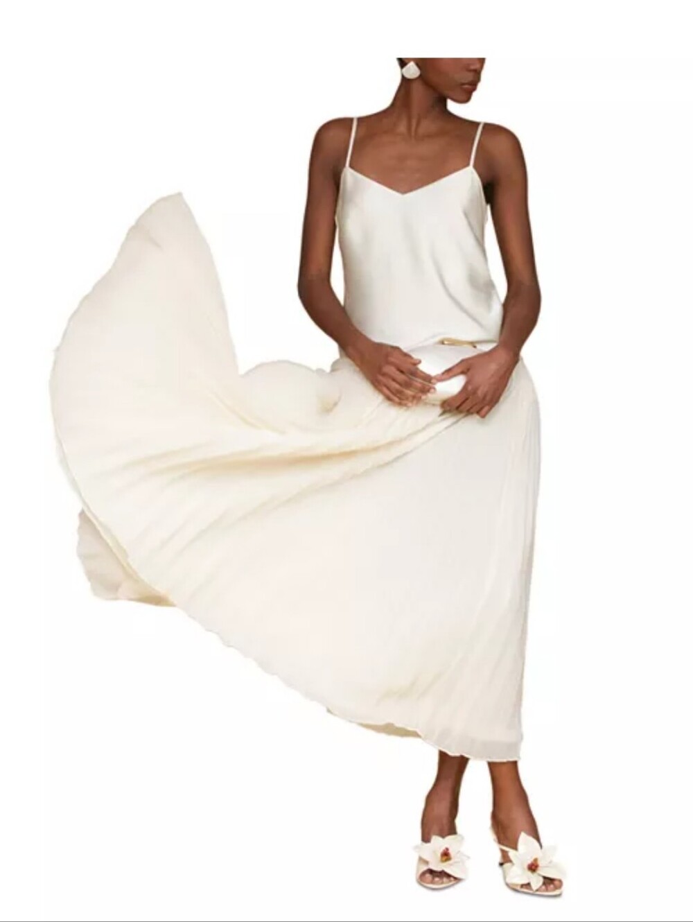 Avec Les Filles NWT $179 Size 8 Ivory Pleated Maxi Dress Spaghetti Strap Formal